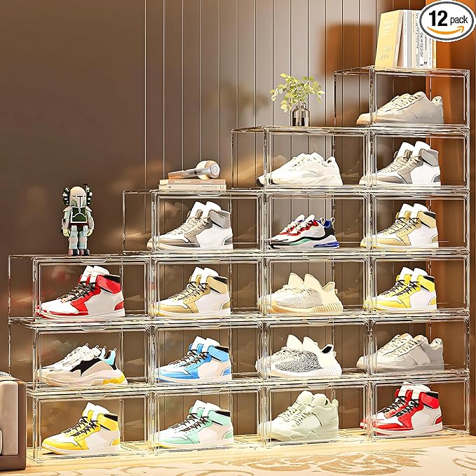 MMBABY 12 Pack Acrylic Clear Shoe Boxes– Ultra Clear Plastic Stackable Sneaker Storage For Sneakerhead. Professional Grade Shoe Display Case with Magnetic Door.Fits US Size 15