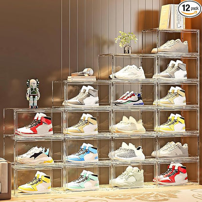 MMBABY 12 Pack Acrylic Clear Shoe Boxes– Ultra Clear Plastic Stackable Sneaker Storage For Sneakerhead. Professional Grade Shoe Display Case with Magnetic Door.Fits US Size 15