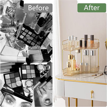 Weidace Corner Bathroom Counter Organizer Bathroom Countertop Shelf Makeup Organizer for Vanity Perfume Tray for Corner Storage (2 Tiers, Gold)