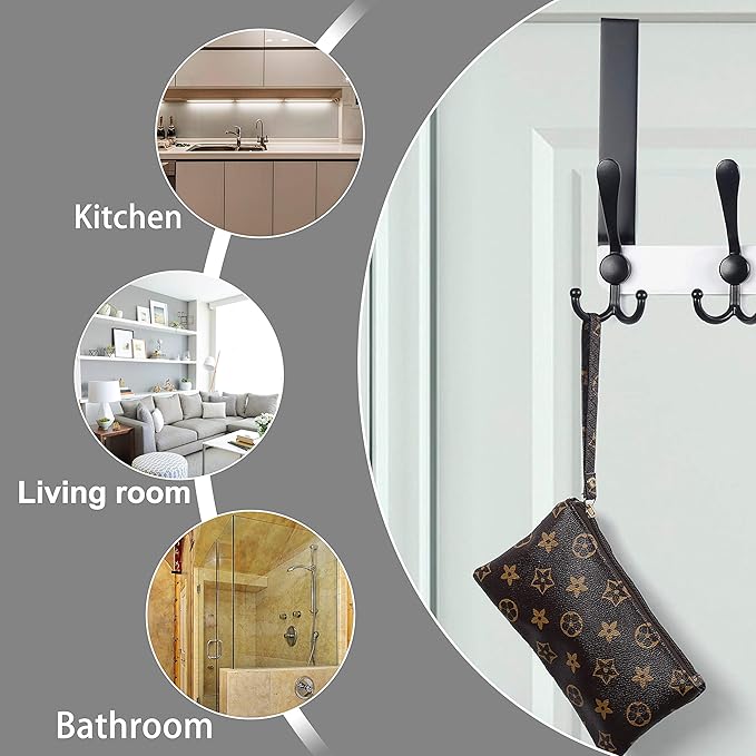 Dseap Over The Door Hook Hanger - Fits 1 3/8" to 1 3/4" Standard Doors | 5 Tri Hooks Heavy Duty Towel/Coat Rack | Door Organizer for Clothes, Jackets, Hats, Towels, White & Black, Pack of 2