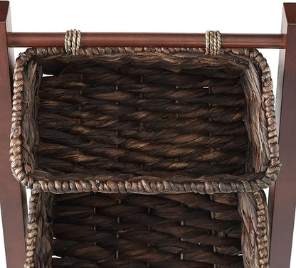 Casafield 3-Tier Floor Stand with Water Hyacinth Storage Baskets, Walnut/Espresso - Standing Organizer Rack for Bathroom, Kitchen, Laundry, Living Room