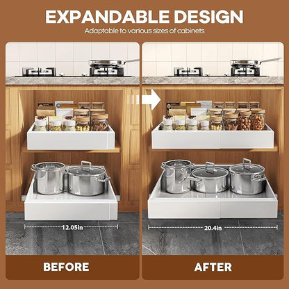 4-Pack Expandable Pull Out Cabinet Organizer 21" Deep with 3 Slide Rails, Adjustable Width (12"-20.4") Drawer Organizer for Kitchen Pantry Base Cabinets, Fixed with Roll Out Shelves Adhesive, White