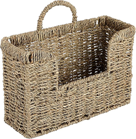 BTSKY Woven Hanging Magazine Holder, Seagrass Magazine Basket, Wall Mounted Storage Basket for Books & Files, Wall File Organizer Magazine Rack with Handle for Home & Office - 12x4.3x7.9 Inch