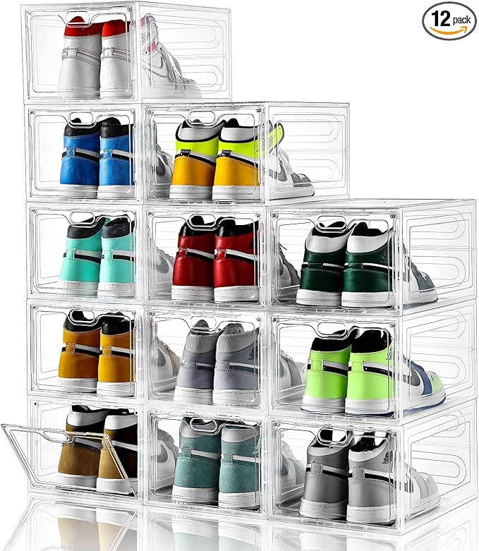 INSTY 12 Pack Large Shoe Storage Box, Clear Shoe Storage Organizer with Magnetic Door, Stackable,Shoe Containers For Display Sneakers, Easy Assembly, Fit up to US Size 12, Clear