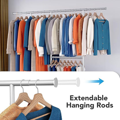 HOKEEPER Clothes Rack, Clothing Rack for Hanging Clothes Heavy Duty Garment Rack with Wheels Commercial Portable Freestanding Closet Rack with Shelves for Bedroom, Living Room, Laundry, Balcony, White