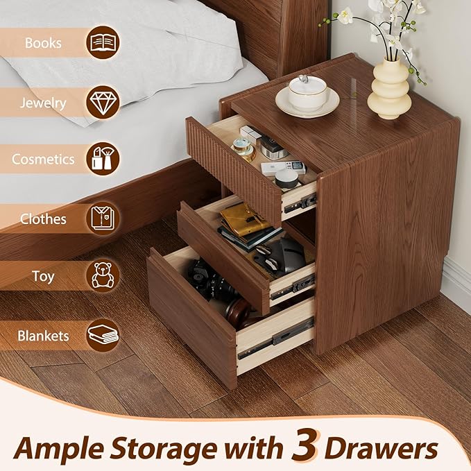 CycleCrew Mid-Century Modern Nightstand with Wheels - 100% Solid Wood Bedside Table with 3 Storage Drawers and Open Shelf Fluted Rolling Night Stand End Side Table for Bedroom, Home