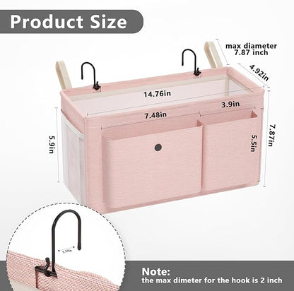 Bedside Caddy Bedside Organizer with Fixed Straps & Water Bottle Holder, Bunk Bed Caddy ideal for Home, Dorm, Hospital, Crib, Versatile Bedside Storage Solution (Pink)