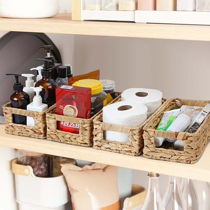 4 Small 3.6 QT Water Hyacinth Wicker Baskets for Shelves, 10" Long Woven Pantry Organizers and Storage Basket, Decorative Ratten Shallow Rectangle Baskets for Organizing Countertop Bathroom