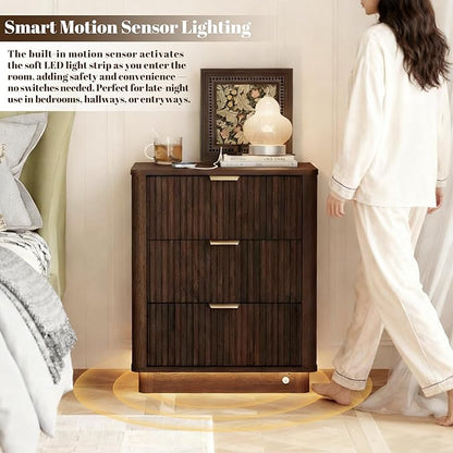 BONITURE Fluted Nightstand, Curved Night Stand with Charging Station Lighting, Wood End Table with 3 Drawers, Modern Side Table Storage Cabinet for Bedroom Office,(1, Walnut)