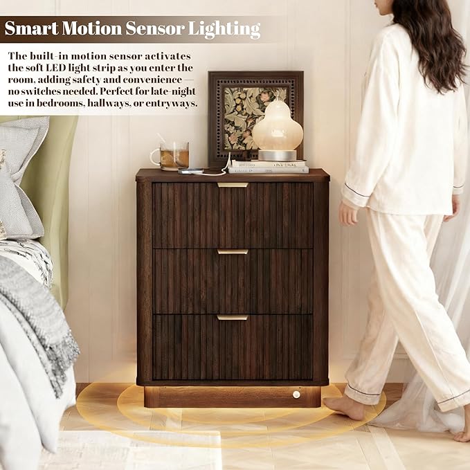 BONITURE Fluted Night Stand Set of 2, Curved Nightstands with Charging Station Lighting, Wood End Table with 3 Drawers, Modern Side Table Storage Cabinet for Bedroom Office,(2, Walnut)