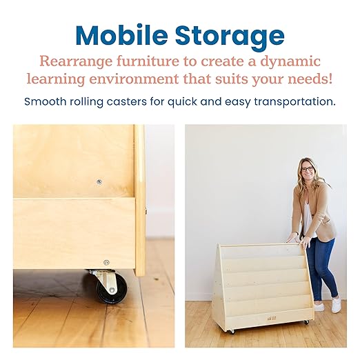 ECR4Kids Double-Sided Mobile Book Display, Classroom Bookshelf, Natural