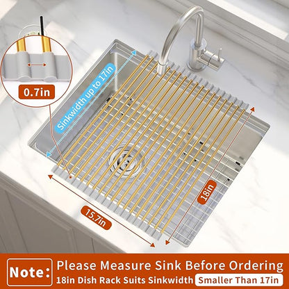 HAYAWEY Golden Roll-UP Dish Drying Rack-Large Stainless Steel Dish Drainer Over The Sink for Kitchen Countertop, Applicable for Sink Width Less Than 16.5in (Gold,17.8'x 15.7')