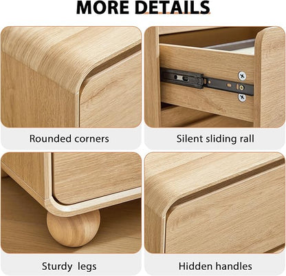 AVZEAR Wooden Night Stand wth 3 Drawer Dresser Mid Century Modern End Table Chest of Drawers, Solid Wood Legs & Curved Profile Design, Farmhouse Side Table for Living Room, Natural
