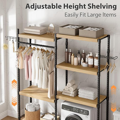 30" 5-Tier Over Washer Dryer Storage Shelf, Adjustable Laundry Room Shelves Organizer with Hanging Rod Hooks, Laundry Folding Station Rack for Top Load Machines, Black
