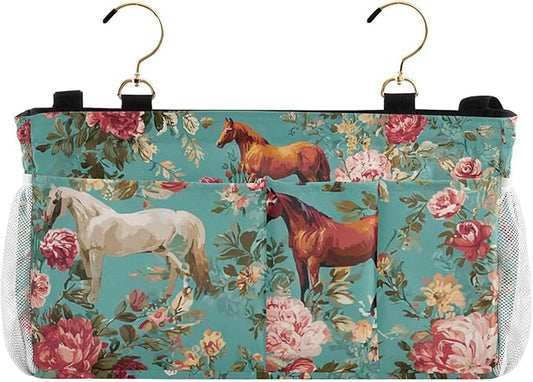 CuwrYet Bedside Caddy Hanging Bunk Bed Caddy Bed Organizer Hanging Pocket with 2 Hooks Bedside Storage Organizer Pocket Bag Holder Teal Horses and Red Roses