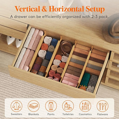 Lifewit 6 Pack 5" Deep Bamboo Drawer Dividers, 17.5-22" Expandable Drawer Organizers for Clothes, Adjustable Dresser Drawer Divider, Clothing Drawer Separators for Dresser, Bedroom, Bathroom, Kitchen