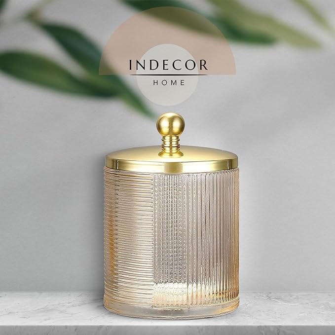 Indecor Home Tan Colored Tranlucent Apothecary Ribbed Geometric Etched Glass Jar W/Gold Metal Lid Cover for Bathroom Organization, Cotton Balls, Q Tips, and Small Accessories, Bathroom Storage