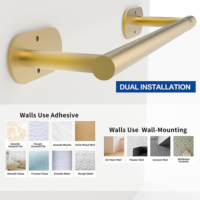 RUACQ Paper Towel Holder Under Cabinet, Wall Mounted or Adhesive Stainless Steel Paper Towel Holder,Round Base Paper Towel Rack for Kitchen, RV, Bathroom (Brushed Gold)