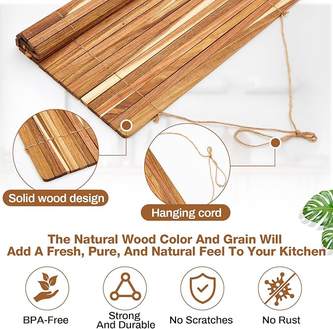 Maxdot Wooden Dish Drying Rack, 20.5 x 16 Inch Roll up Kitchen over Sink Dish Drying Rack for Dishes, Plates, Bowls, Wooden Cover Counter Space, Crack Resistant Drainer, Kitchen Supplies(Khaki)