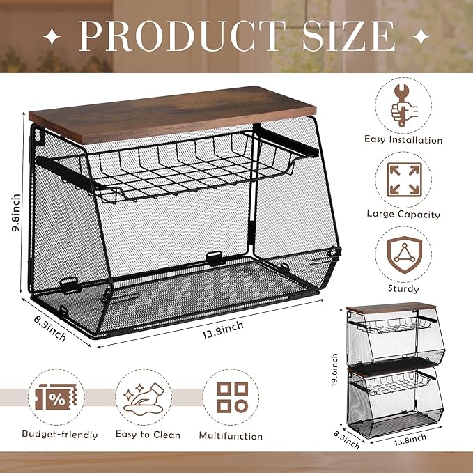 2 Pcs Stackable Fruit Basket with Lid for Kitchen Counter Storage Basket with Drawer Mesh Wall Hanging Wire Baskets with Lid Metal Vegetable Container for Kitchen 13.8 x 8.3 x 9.8''(Black)
