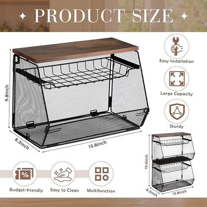 2 Pcs Stackable Fruit Basket with Lid for Kitchen Counter Storage Basket with Drawer Mesh Wall Hanging Wire Baskets with Lid Metal Vegetable Container for Kitchen 13.8 x 8.3 x 9.8''(Black)
