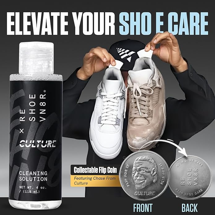 RESHOEVN8R x Culture Shoe Cleaning Kit with Collectible Coin - Sneaker Cleaner Set for Mesh, Canvas, Suede, Knit, Leather Shoes - 4oz Shoe Cleaner Solution, Brush, Sneaker Wipes, Microfiber Towel