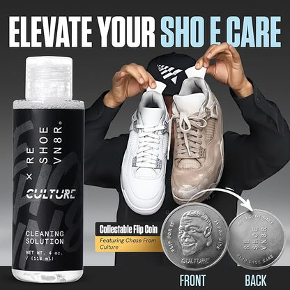 RESHOEVN8R x Culture Shoe Cleaning Kit with Collectible Coin - Sneaker Cleaner Set for Mesh, Canvas, Suede, Knit, Leather Shoes - 4oz Shoe Cleaner Solution, Brush, Sneaker Wipes, Microfiber Towel