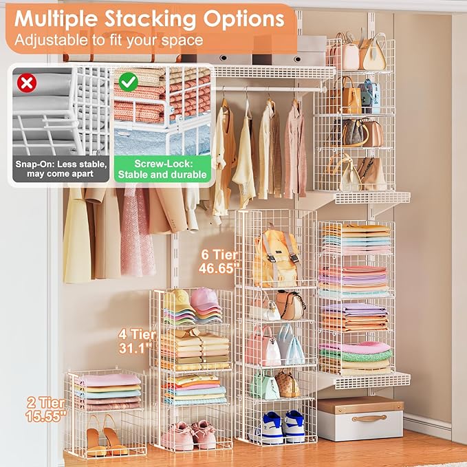 6 Tier Hanging Closet Organizer, Sweater Organizer for Closet, Stackable Wire Storage Basket Bins for Clothes Purse Shoes, Hanging Shelves with 4 Hooks & 3 Dividers Adjustable