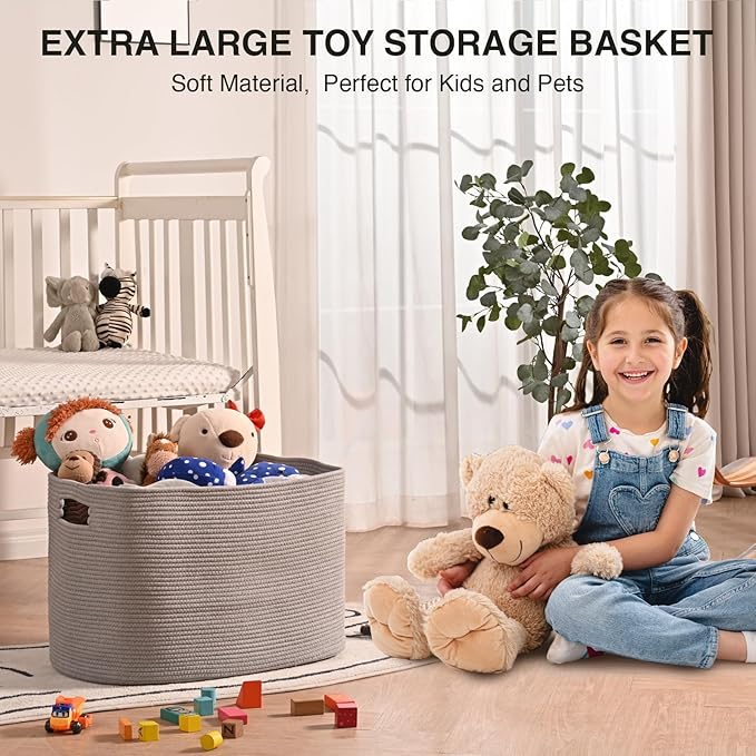 Large Grey Storage Basket, Blanket Baskets for Living Room, Large Toy Basket for Storage, Woven Cotton Rope Baskets for Blankets, Clothes, Shoes, Books, Grey, 25”x16”x16” (105L)
