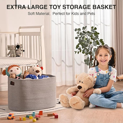 Large Grey Storage Basket, Blanket Baskets for Living Room, Large Toy Basket for Storage, Woven Cotton Rope Baskets for Blankets, Clothes, Shoes, Books, Grey, 25”x16”x16” (105L)