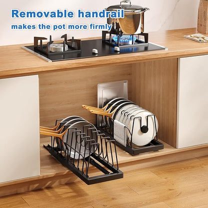 Mustorn 2 Pack Pots and Pans Organizer Under Cabinet, 21.6" Deep Pull Out Pot Lid Organizer Holder with Guardrail Adhesive Pot and Pan Holder Rack with 10 Adjustable Dividers(Black)