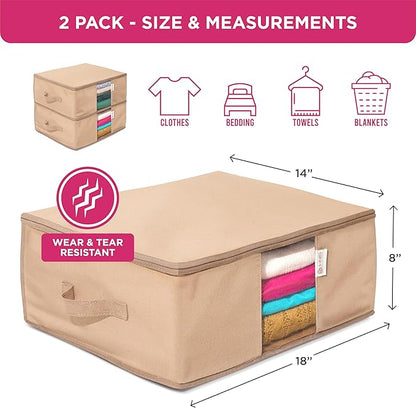 Cedar Clothes Storage Bag Organizer – Protects from Moths, Moisture, Dirt & Dust – Set of 2 Underbed Storage Bags for Clothes, Cashmere Sweaters, Bedding & More - Underbed Storage - Beige