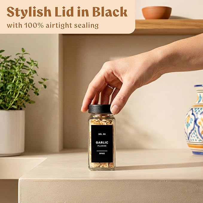 Glass Spice Jars with Labels (24 x 4oz) Spice Containers with 240 Labels, Shaker Inserts, Funnel, Empty Square Empty Square Seasoning Organizer (Black Lids)