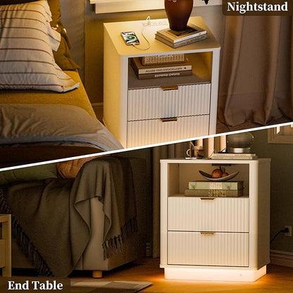 BONITURE Led Fluted Nightstand, Curved Night Stand with Charging Station Lighting, Wood Side Table with 2 Drawers, Modern End Table Storage Cabinet for Bedroom(1, White)