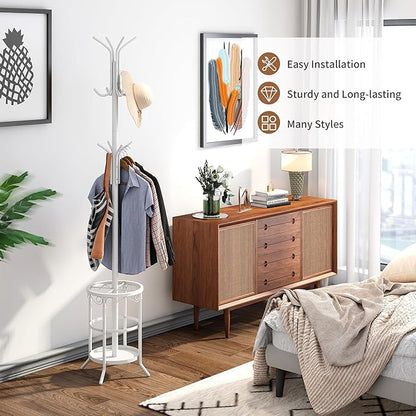 FILWH Coat Rack Freestanding with Umbrella Stand with 12 Hooks Metal Coat Tree Coat and Hat Hanger Jacket Entryway Coat Rack (White)