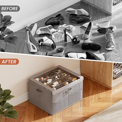 PHINOX Shoe Organizer for Closet, Fits up to 16 Pairs, Shoe Storage Bins with Clear Cover and Reinforced Handles, Foldable Shoe Storage Organizer, Space Saving Shoe Holder for Wardrobe, 1 Pack Grey