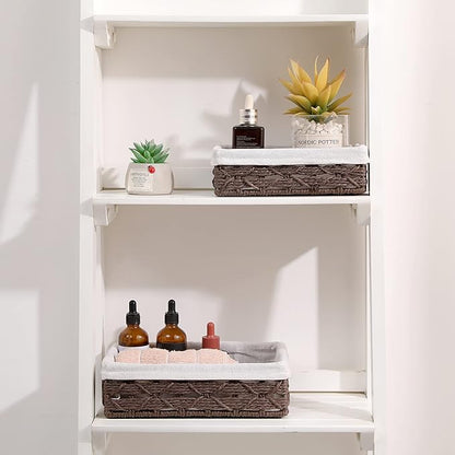 Small Storage Basket With Liner,Wicker Decorative Basket for coffee table,RectangleTray,Bathroom Countertop Organizer，rectangle Kitchen Drawer Organizer Storage Set of 2 Brown