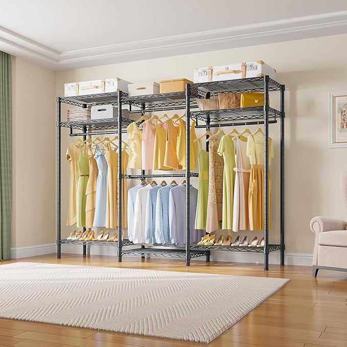 VIPEK V5i Garment Rack Heavy Duty Clothes Rack for Hanging Clothes, Portable Wardrobe Closet Freestanding Clothing Rack with 8 Adjustable Shelves & 4 Hang Rods, 68.9" L x 15.7" W x 76.4" H, Black