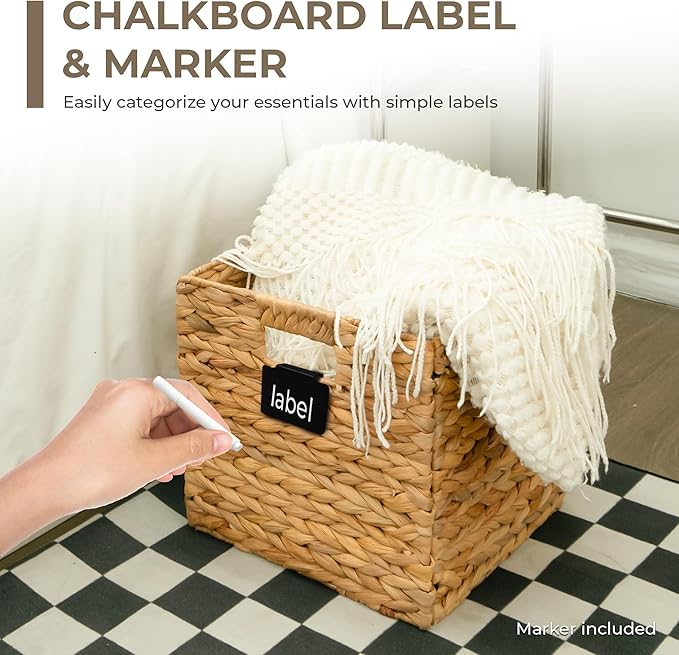 KOKODO Pack of 2 Large 15"L x 11"W Wicker Storage Baskets with Chalkboard, Stylish and Durable Water Hyacinth Rectangle Handwoven Basket Bin with Metal Frame & Handle for Room Organizing