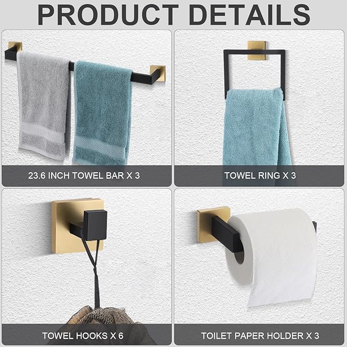 Gisafai 15 Pcs Black Gold Bathroom Hardware Accessories Set 23.6 Inch Bath Towel Bar Kit Stainless Steel Bathroom Hardware Set Towel Racks Ring Robe Hooks Paper Holder for Wall Mounted
