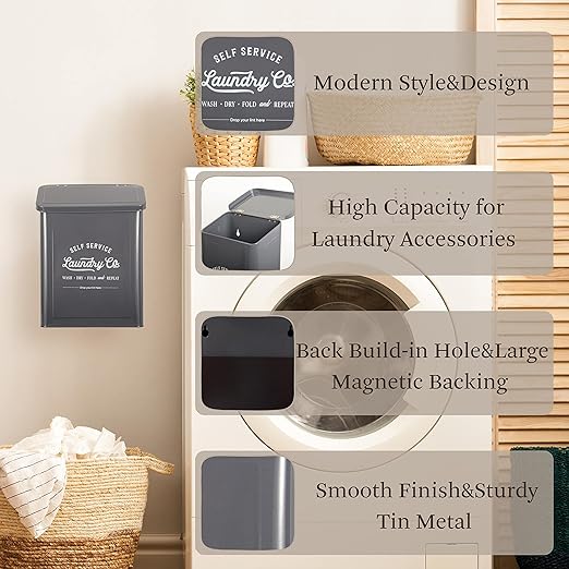 Magnetic Lint Bin for Laundry Room, Wall Mounted Lint Trash can with lid for Dryer, Farmhouse Laundry Co Sign, Laundry Room Organization and Storage Decor with Dryer Lint Brush(Grey)