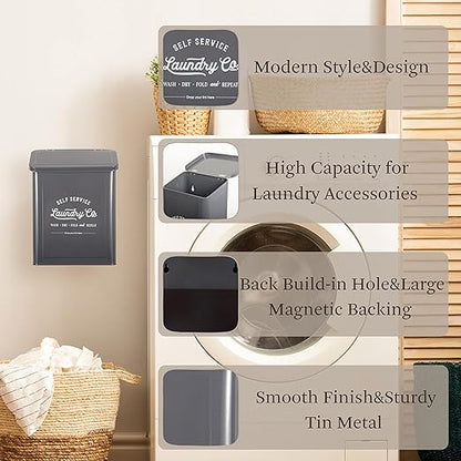 Magnetic Lint Bin for Laundry Room, Wall Mounted Lint Trash can with lid for Dryer, Farmhouse Laundry Co Sign, Laundry Room Organization and Storage Decor with Dryer Lint Brush(Grey)
