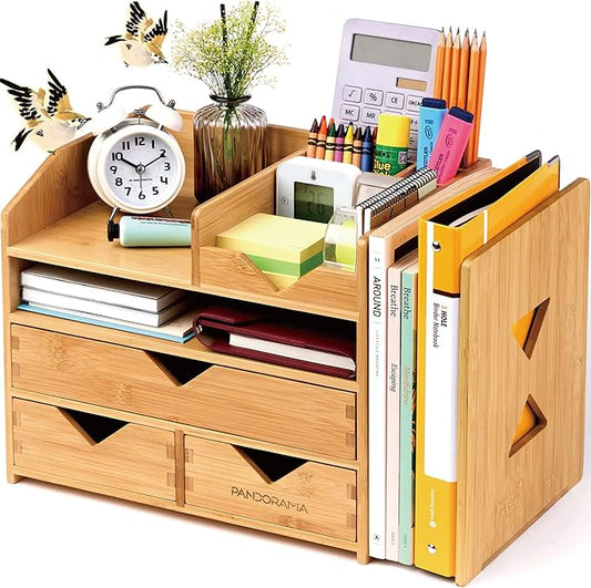 Pandorama Bamboo Desk Organizer with Adjustable File & Book Holder, Large 4Tier Dektop Storage for Office, A4 Full Size Drawer, No Assembly Required,Kitchen and Bedroom