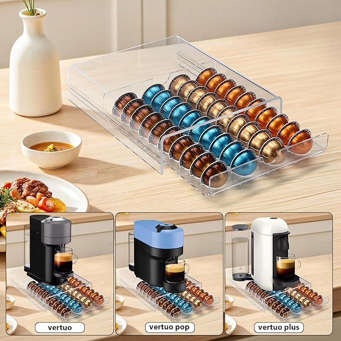 ZhiYo-Life Clear Acrylic Coffee Pod Drawer for Nespresso Vertuo 40 Pod Double Sided Pull Out Organizer