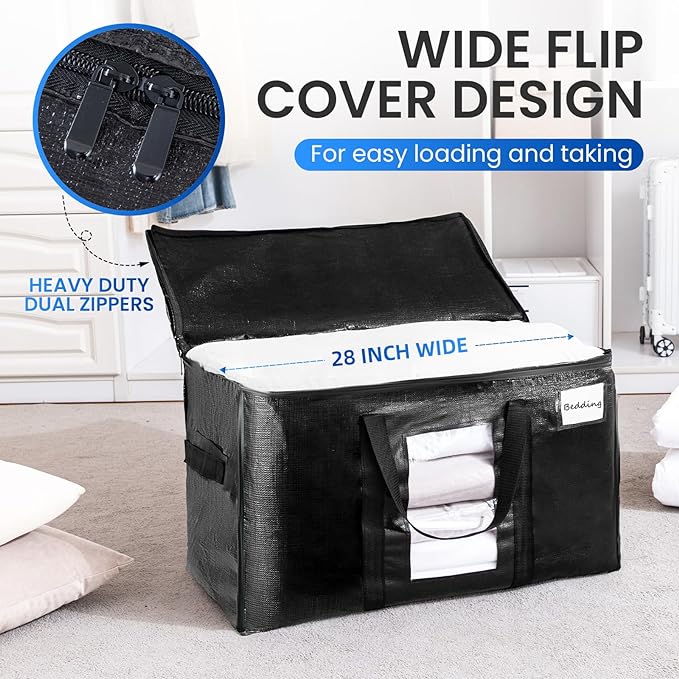 TAILI Extra Large Moving Bags, 10 Pack Black Heavy Duty Totes for Storage with Visible Window, Wrap Around Handles, Storage Bags for Space Saving, Alternative to Moving Boxes