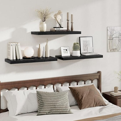Fun Memories 12 Deep Floating Shelves for Wall | 30W x 12D Large Floating Shelves | 3 Pack Storage Space Wall Mount Shelf for Living Room Bathroom Toilet Laundry Room Kitchen Home Office - Black