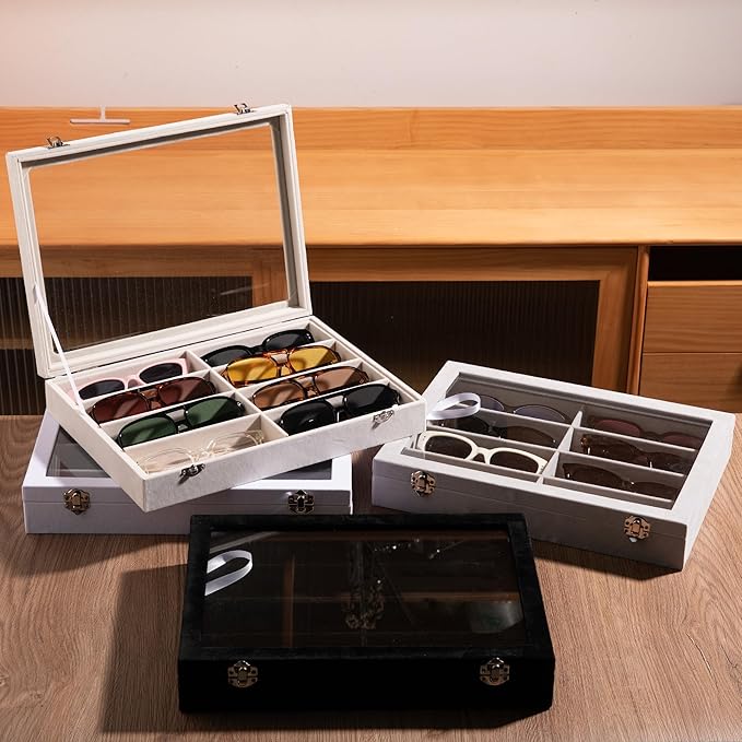 Frebeauty Sunglass Organizer,Velvet Glasses Organizer,8-Slot Sunglasses Tray with Clear Lid,Men's/Women's Sunglasses Box,Sunglass Case,13.3 x 9.6 x 2.2 Inches,Eyeglass/Eyewear Display Tray(Balck)