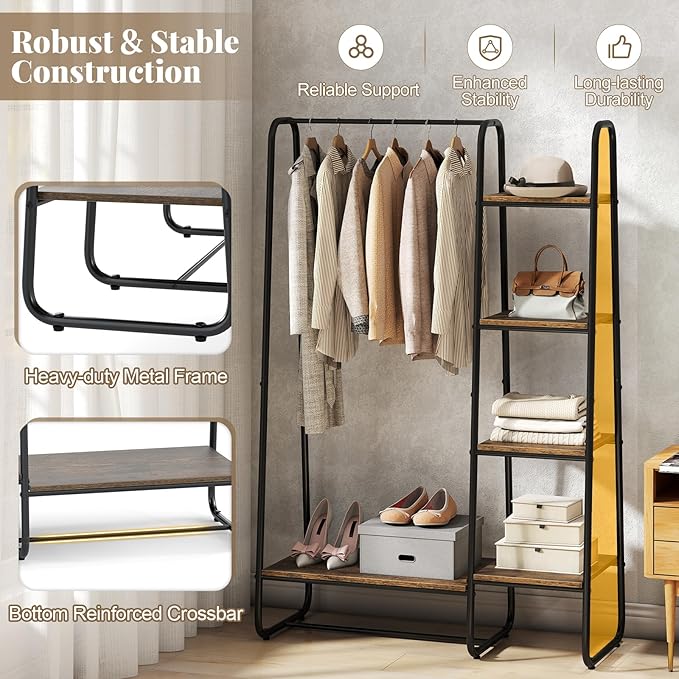 COSTWAY Clothes Rack with Shelves, Heavy Duty Garment Rack with Hanging Rod, 5-tier Shelves, Adjustable Foot Pads, Closet Organizer, Freestanding Wardrobe Clothing Racks for Hanging Clothes (Black)