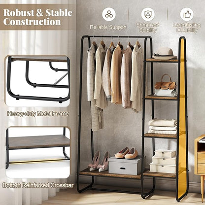 COSTWAY Clothes Rack with Shelves, Heavy Duty Garment Rack with Hanging Rod, 5-tier Shelves, Adjustable Foot Pads, Closet Organizer, Freestanding Wardrobe Clothing Racks for Hanging Clothes (Black)