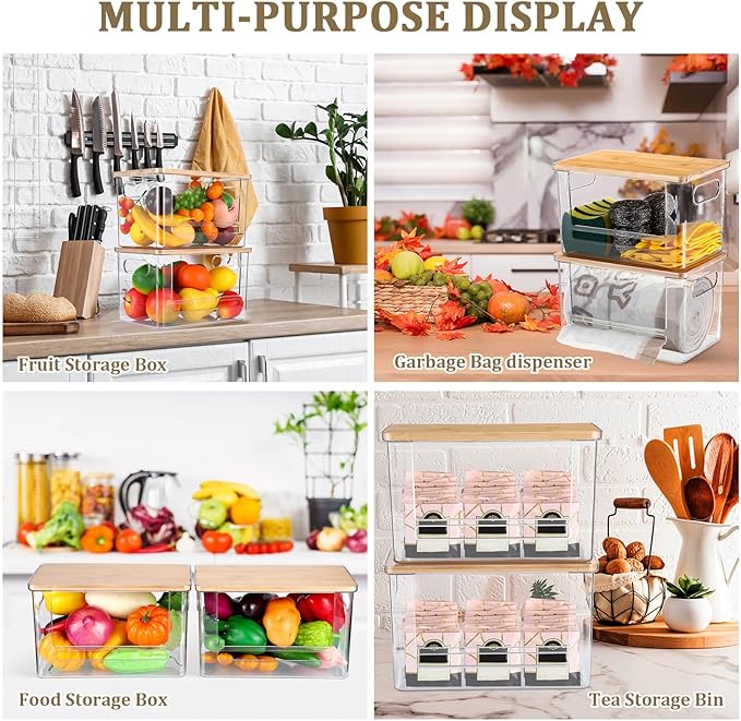 2 Pcs Stackable Storage Containers with Bamboo Top Handles Extra Large Garbage Bag Holder Dispenser Trash Bag Organizer Open Front Bin for Kitchen Laundry Room Pantry Organization(Stylish)